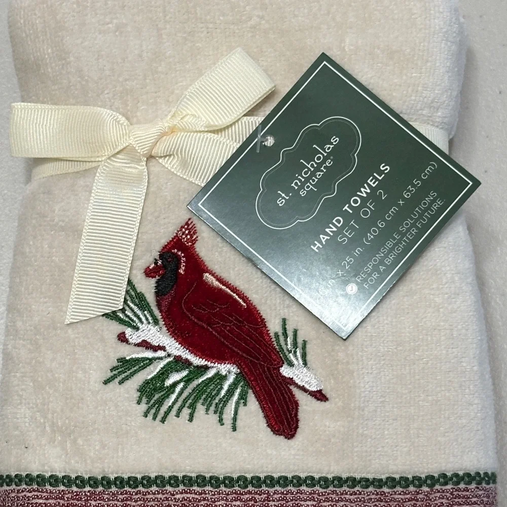 St. Nicholas Square Cream and Red Hand Towels - Cardinal Design